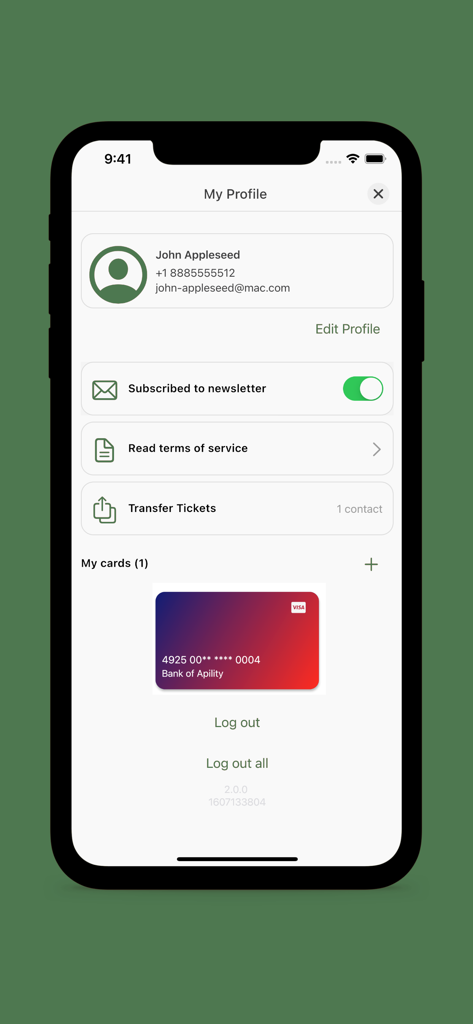 Fløibanen - My Profile screen of the Floibanen app displaying user account details and saved payment cards.