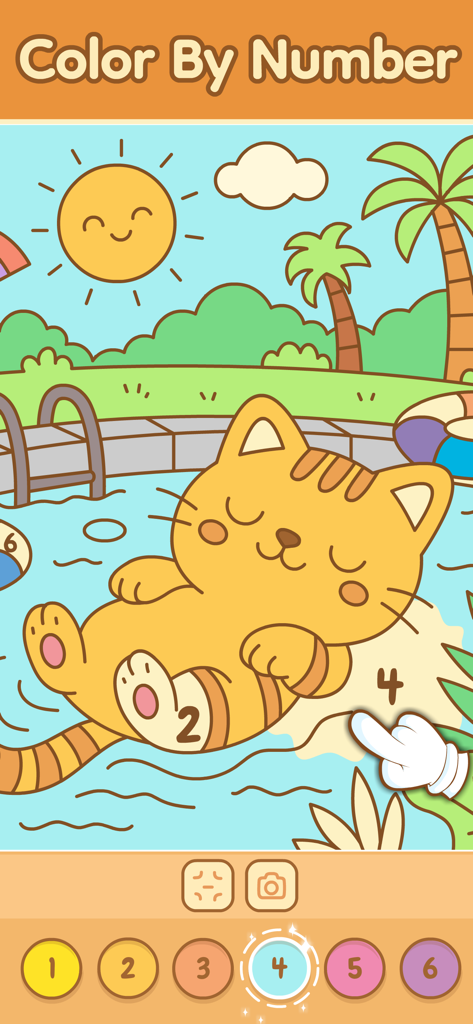 Eine niedliche orangefarbene Katze treibt in einem Schwimmbecken in einer Malen-nach-Zahlen-Oberfläche