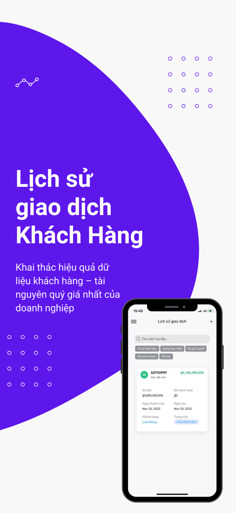 Bất Động Sản CRM - Ein iPhone, das die Benutzeroberfläche der Transaktionshistorie des vietnamesischen Immobilien-CRM anzeigt.