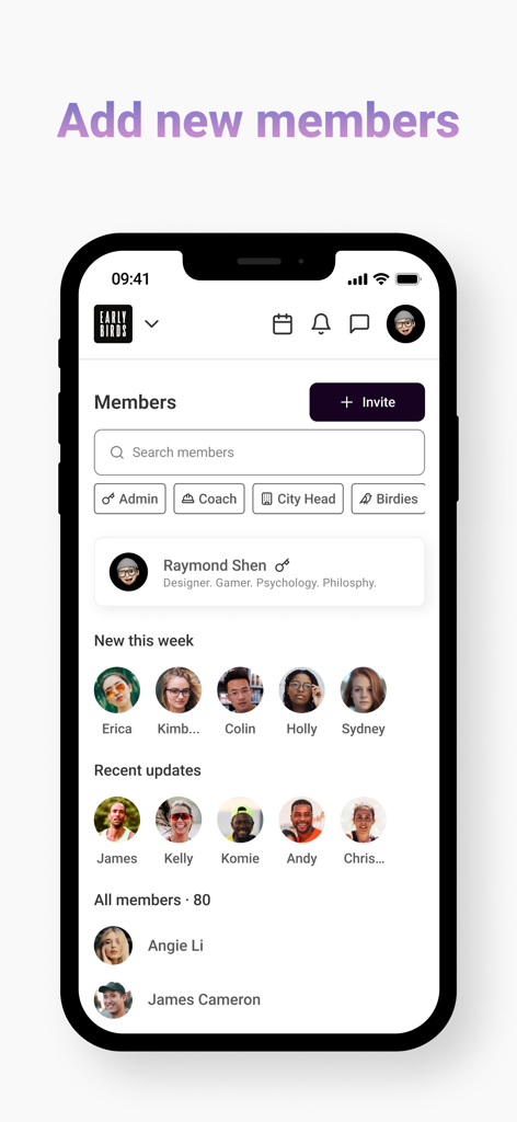 Heylo | Build community groups - Écran de l'application Heylo affichant une liste de membres de la communauté et un bouton d'invitation