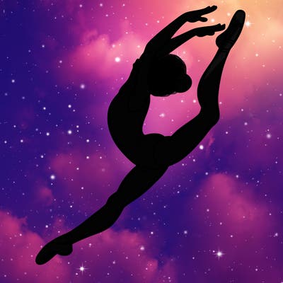 gymnast doing a leap in a leotard with a bent back leg