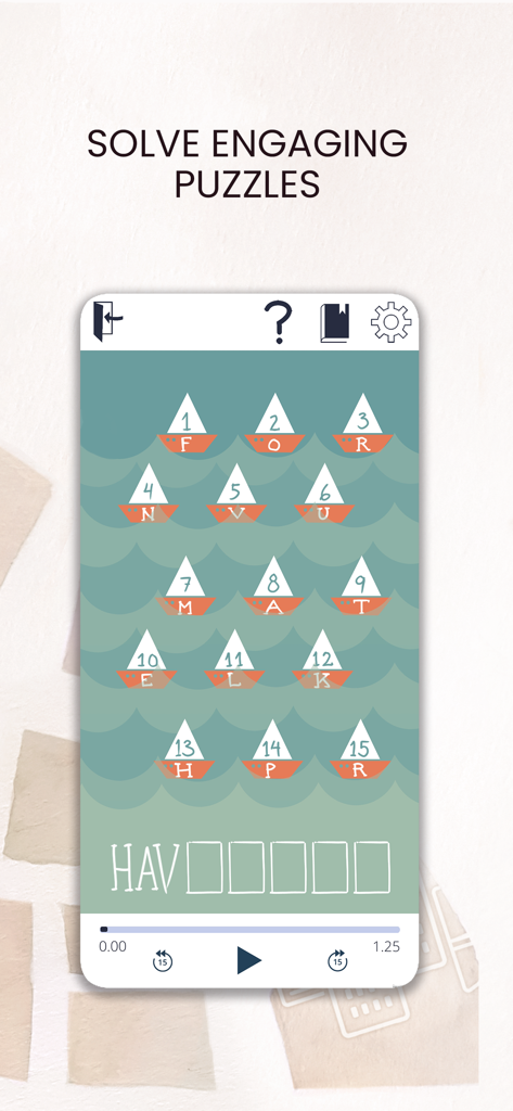 Screenshot of the StoryTourist app showing a word puzzle with paper boats on a water background