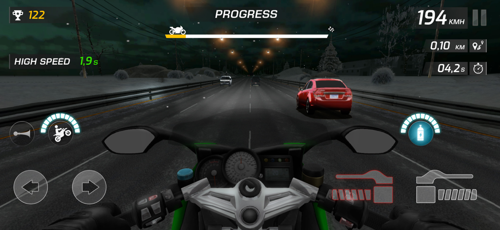 Bike Rush 3D: Traffic Driving - First person view of a motorcycle racing through highway traffic at night
