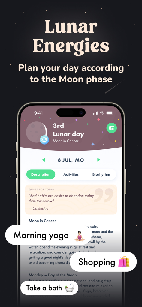 Navamsha: Moon Phase Calendar - Benutzeroberfläche der Navamsha-App mit Informationen zum Mondtag und täglichen Aktivitätsvorschlägen wie Morgen-Yoga und Einkaufen.