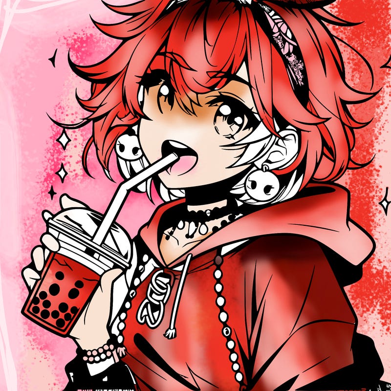 hot baddie anime girl drinking boba and biting the straw