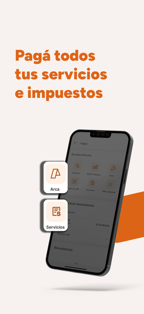 Galicia Office Empresas app interface displaying service and tax payment options on a smartphone