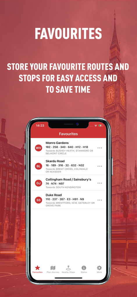 London Live Bus Times - Favorites screen of the London Live Bus Times app showing saved bus stops and routes