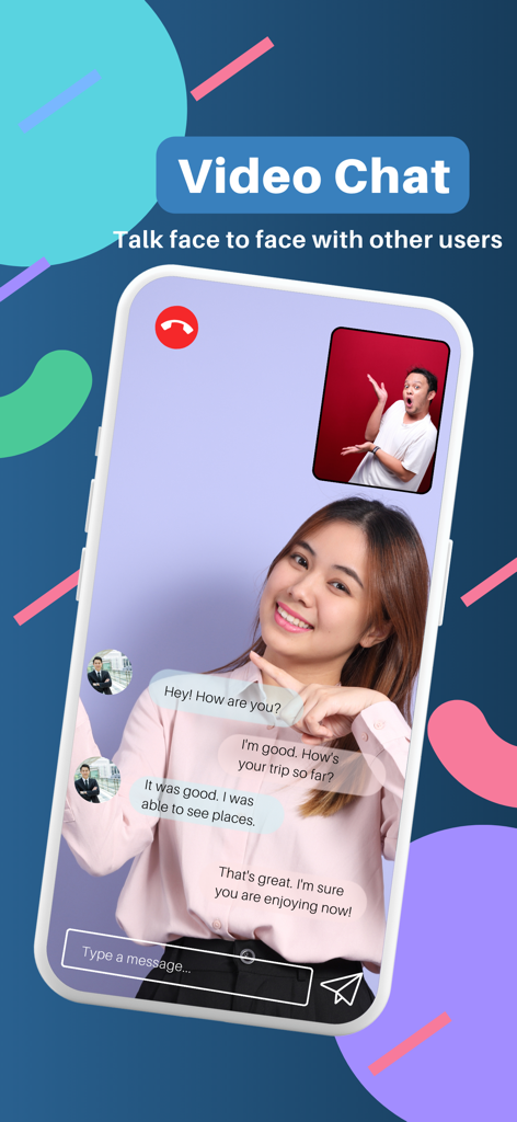 TrulyAsian - Asian Dating - TrulyAsianデーティングアプリのビデオチャットインターフェース、男性と女性が顔を合わせて話している様子を表示