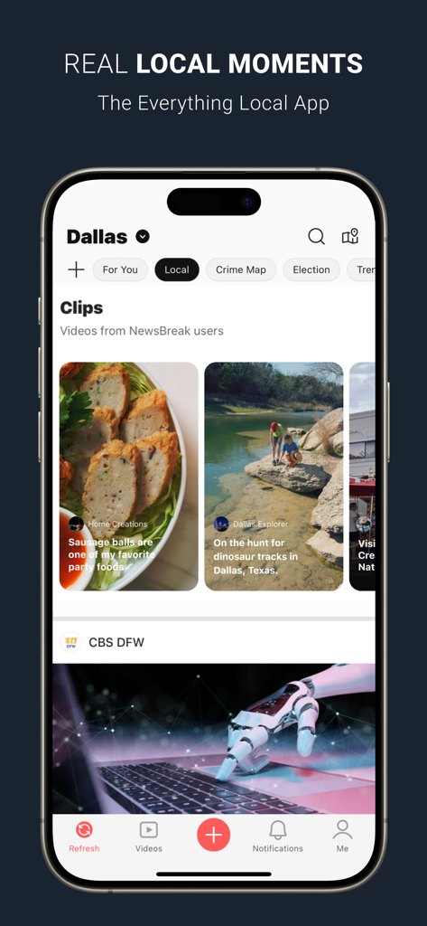 Smartphone screen showing the NewsBreak app interface with local news and community clips