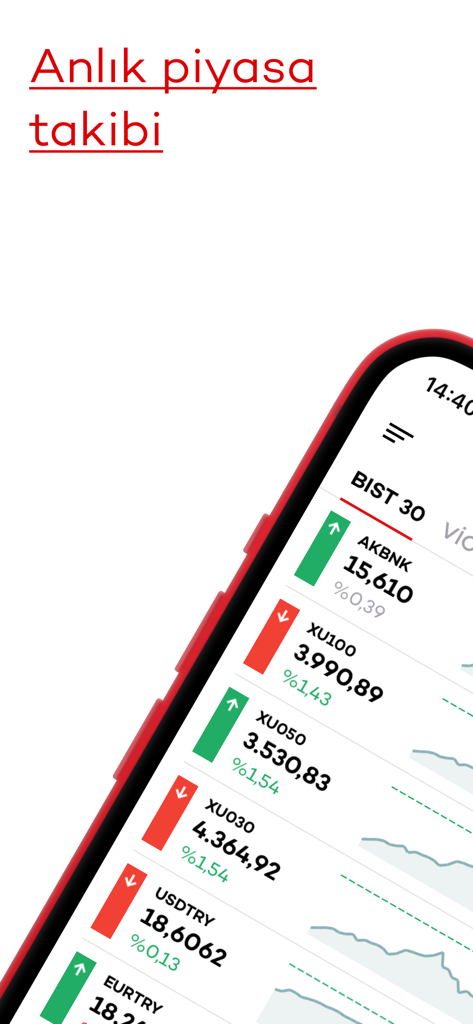 Yatırımcı - Akbank Yatirimci app interface showing real time tracking of Borsa Istanbul stock market indices and currency rates
