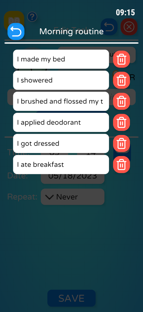 Daily Buddy - Una pantalla de la aplicación Daily Buddy que muestra una lista de verificación de rutina matutina con tareas como hacer la cama, ducharse y desayunar.