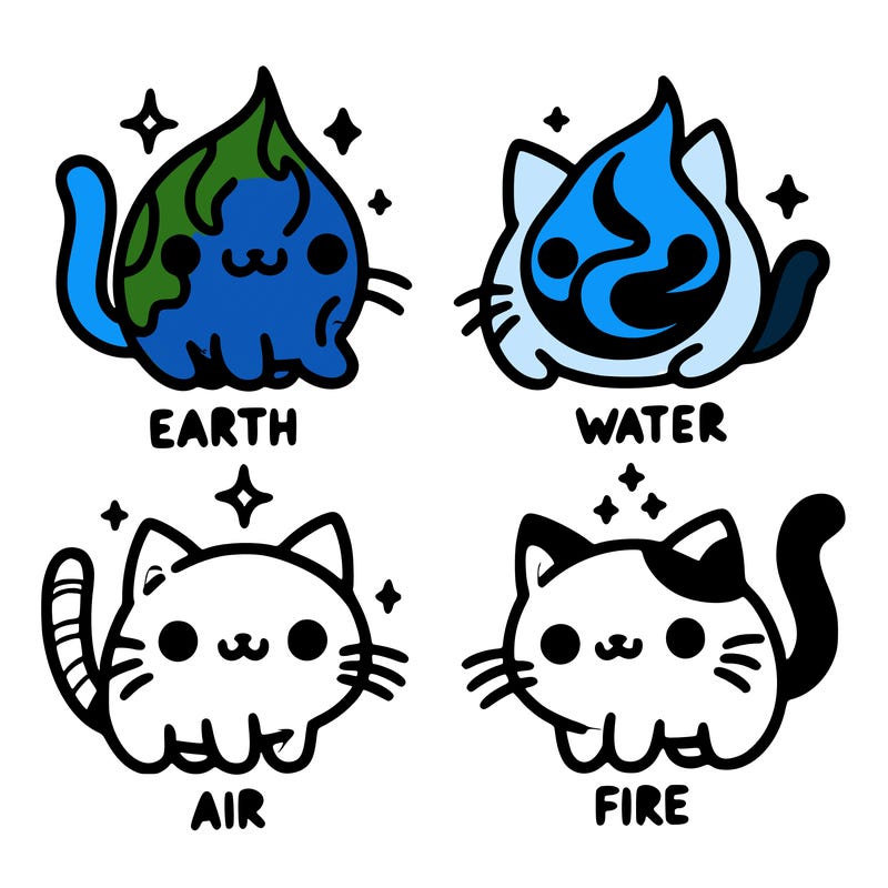4 cats that represent the different elements, earth, water, air, and fire