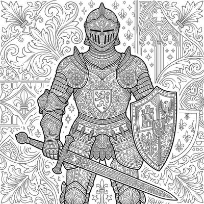 Embark on a creative journey with this magnificent Gothic Knight coloring page, designed for adults seeking a detailed and engaging artistic experience. Dive into the intricate patterns of medieval armor and a beautifully adorned background for hours of mindful coloring.