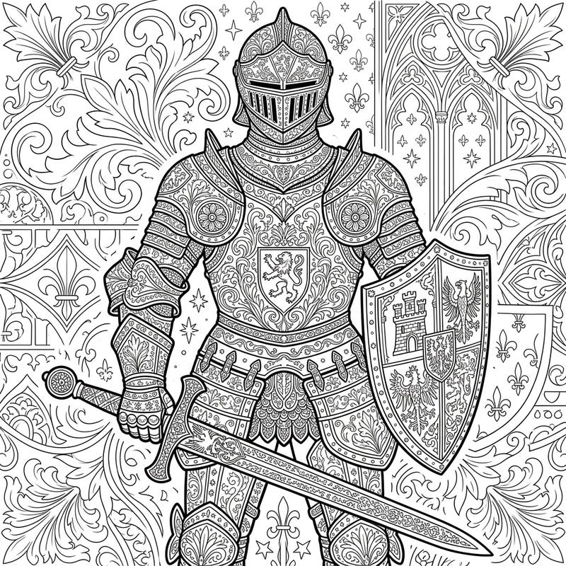 Embark on a creative journey with this magnificent Gothic Knight coloring page, designed for adults seeking a detailed and engaging artistic experience. Dive into the intricate patterns of medieval armor and a beautifully adorned background for hours of mindful coloring.