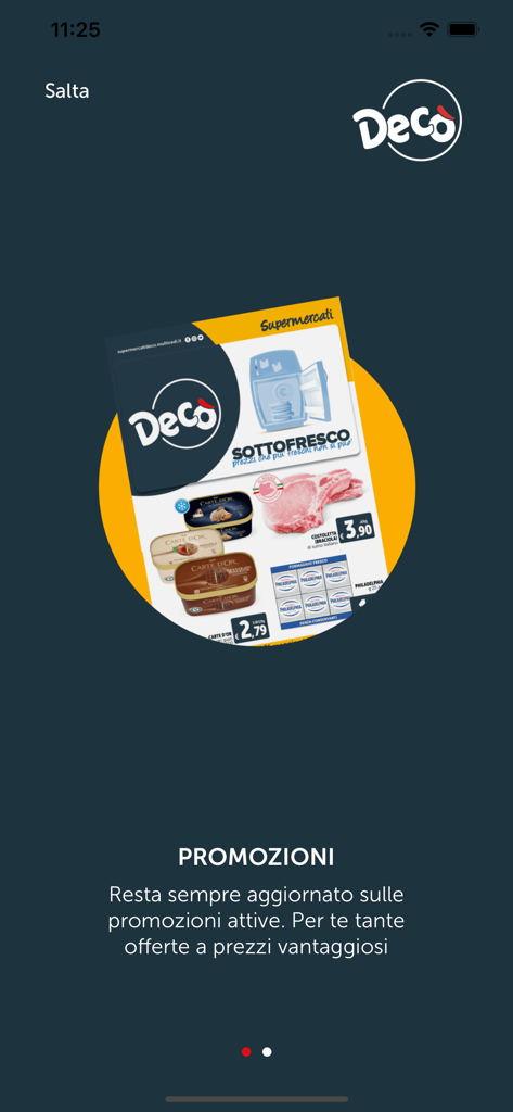 Decò Multicedi - Onboarding screen of the Deco Multicedi app highlighting grocery store promotions and special offers