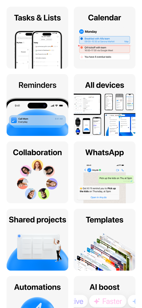 Una cuadrícula que muestra las funciones de la aplicación Any.do, incluidas tareas, calendario, recordatorios, sincronización entre dispositivos y herramientas de colaboración.