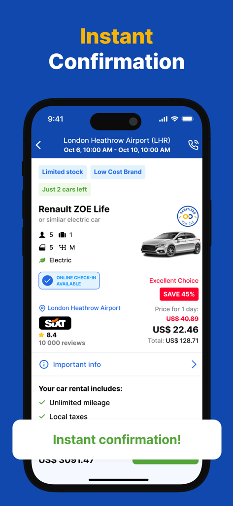 Interfaz de la aplicación de alquiler de coches EconomyBookings mostrando confirmación instantánea y ofertas de alquiler de coches