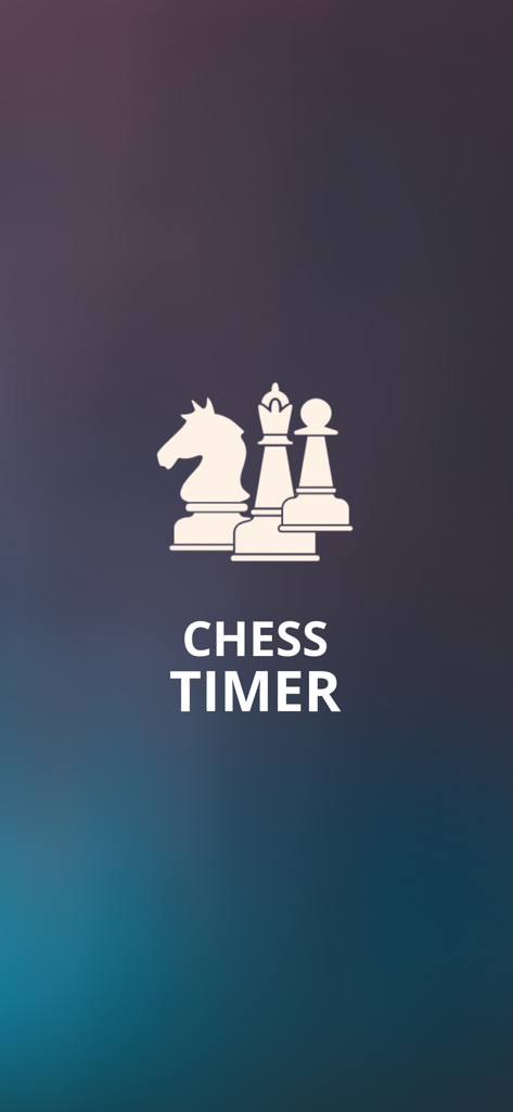 Chess Timer - Game Clock - Pantalla de inicio de la aplicación Chess Timer que muestra iconos de piezas de ajedrez blancas y texto en negrita sobre un fondo degradado oscuro