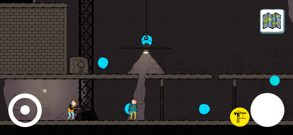 The JerryMaya Detective Agency - Jerry and Maya solving a puzzle in a dark basement level of the JerryMaya Detective Agency platformer game.