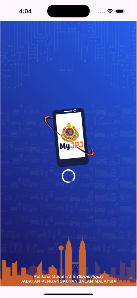 MyJPJ mobile app splash screen featuring a loading spinner and Malaysian skyline silhouette