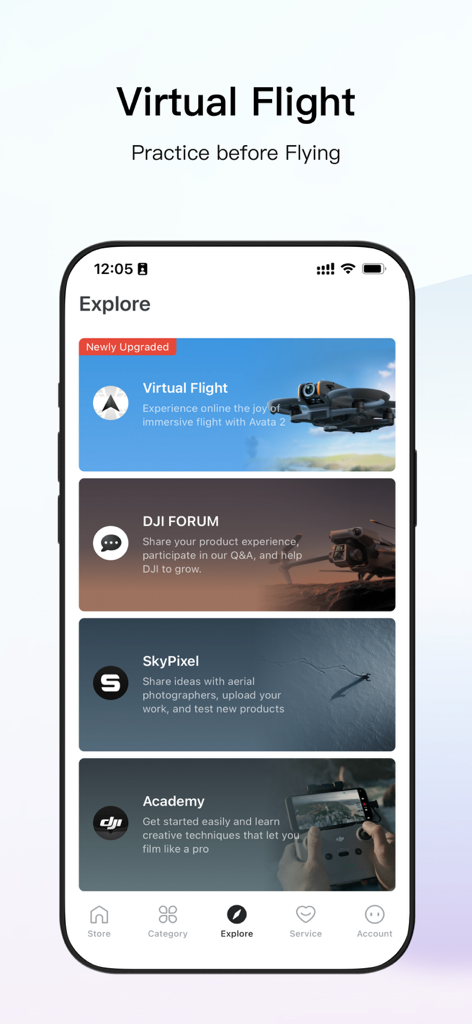 Screenshot of the DJI Store app explore page showing sections for Virtual Flight simulator, DJI Forum, SkyPixel community, and DJI Academy tutorials.
