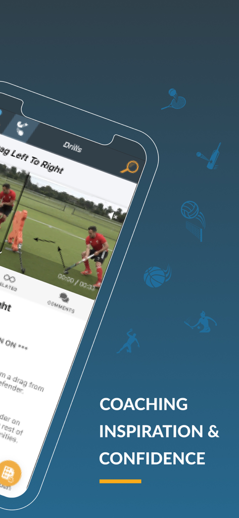Sportplan - Sportplan app screen showing a field hockey coaching drill video and the text coaching inspiration and confidence