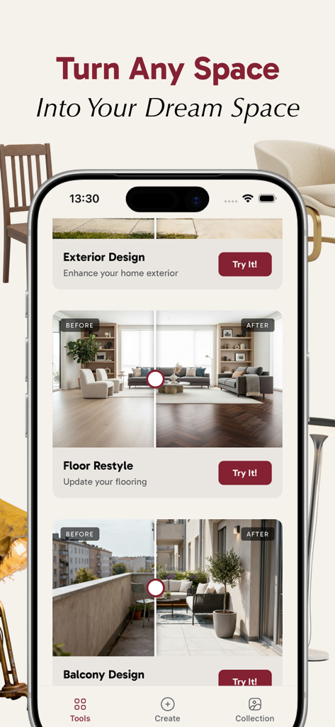 Spacio AI: AI Interior Design - Spacio AI app interface showing interior and exterior redesign tools with before and after comparisons.