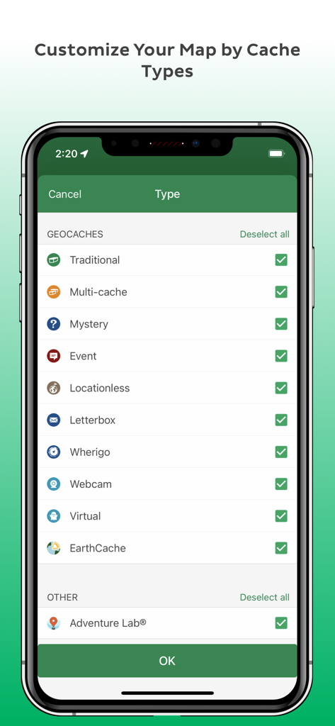 Geocaching app screen showing map customization options to filter by specific cache types like Traditional Mystery and EarthCache
