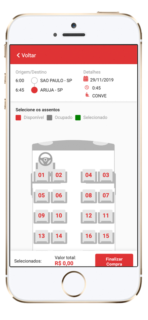 Pantalla de selección de asientos de autobús en la aplicación Passaro Marron que muestra la distribución del autobús y los detalles del viaje para la reserva.