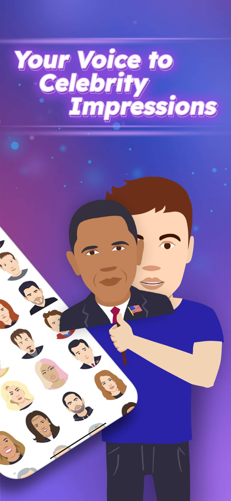 A cartoon man holding a celebrity mask representing the app feature your voice to celebrity impressions
