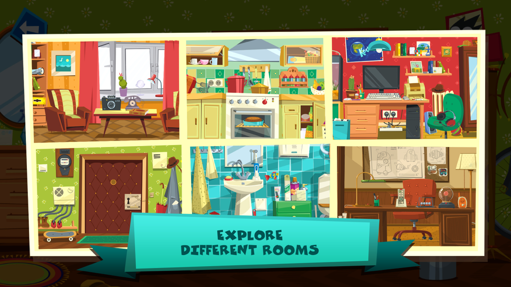 Fixies The Masters: repair home appliances, watch educational videos featuring your favorite heroes (Full) - A collage of six different rooms to explore and repair appliances in the Fixies Masters game