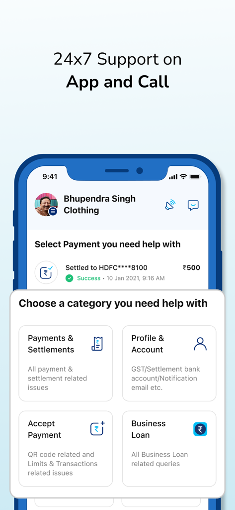 Paytm for Business app screen displaying 24 7 customer support categories like payments and business loans