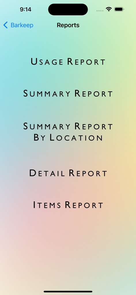 BarkeepApp reports selection screen showing options for usage summary and detail reports for liquor inventory management