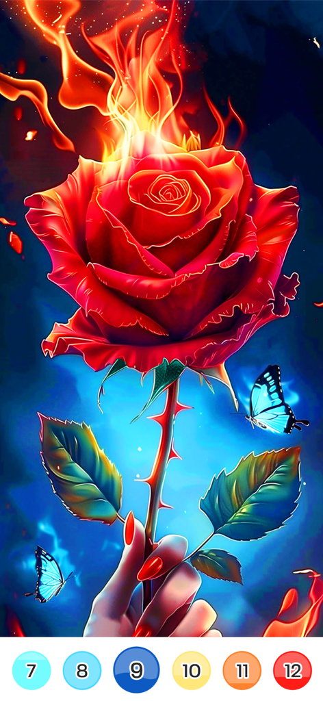 Color Up: Color By Number - Digital painting of a flaming red rose with blue butterflies in a color by number interface