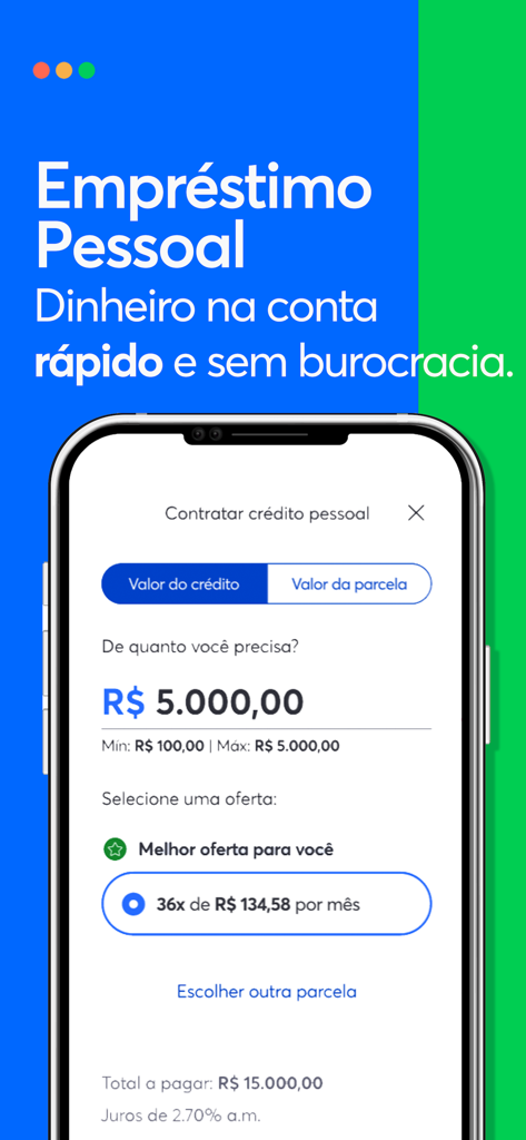 Agibank app screenshot showing a personal loan simulation for five thousand Brazilian Reals with payment installments