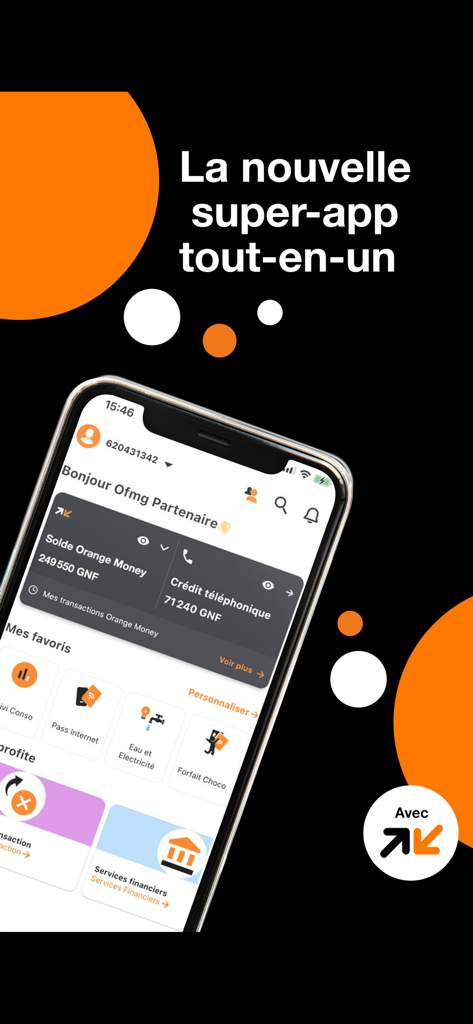Interfaccia della super app Orange Max it Guinea che mostra il saldo del portafoglio mobile e scorciatoie di pagamento