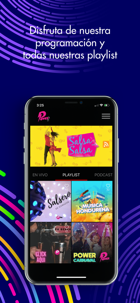 Power Honduras - Interface of the Power Honduras app showing music playlists for salsa and Honduran music