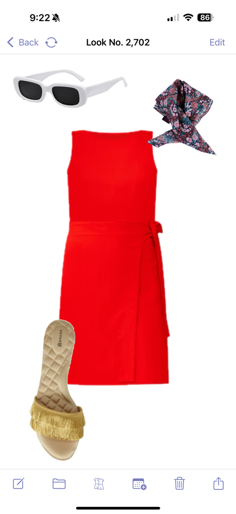 Stylebook - Uma colagem de look curada no aplicativo Stylebook com um vestido vermelho sem mangas, óculos de sol brancos e sandálias douradas com franjas.