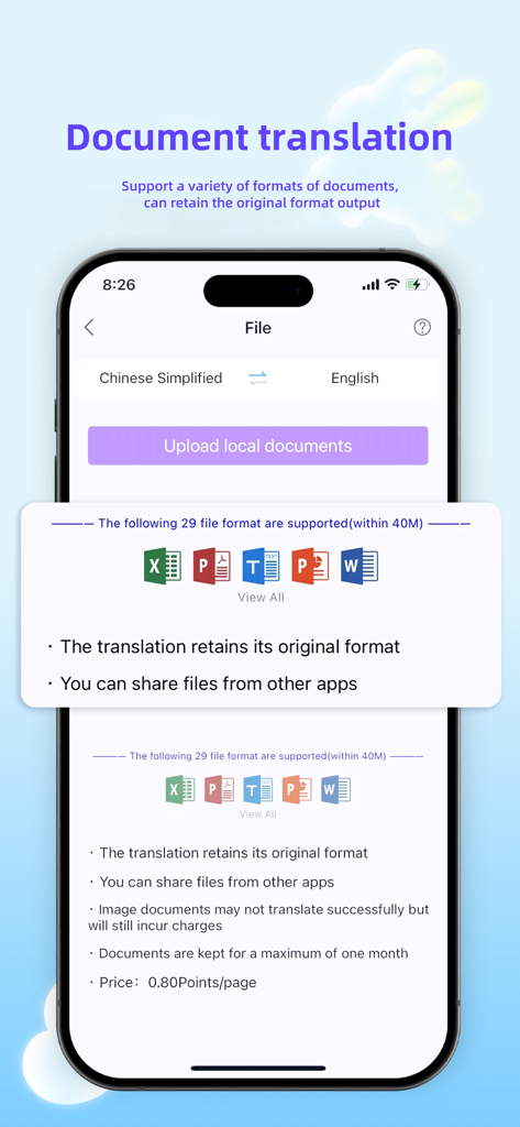 Pantalla de iTourTranslator para traducir documentos en varios formatos de archivo manteniendo el diseño original.