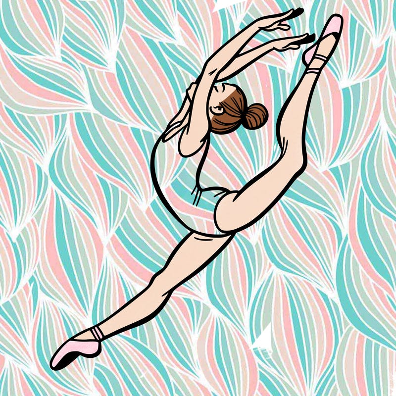 gymnast doing a leap in a leotard with a bent back leg