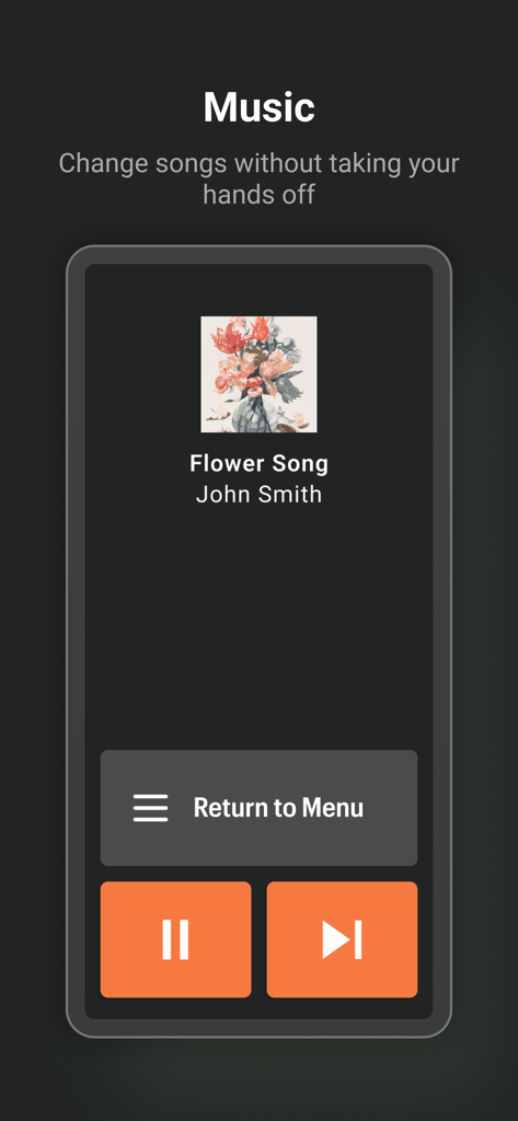 Schermata del lettore musicale dell'app Honda RoadSync che mostra i dettagli della canzone e pulsanti di controllo grandi per un utilizzo a mani libere.