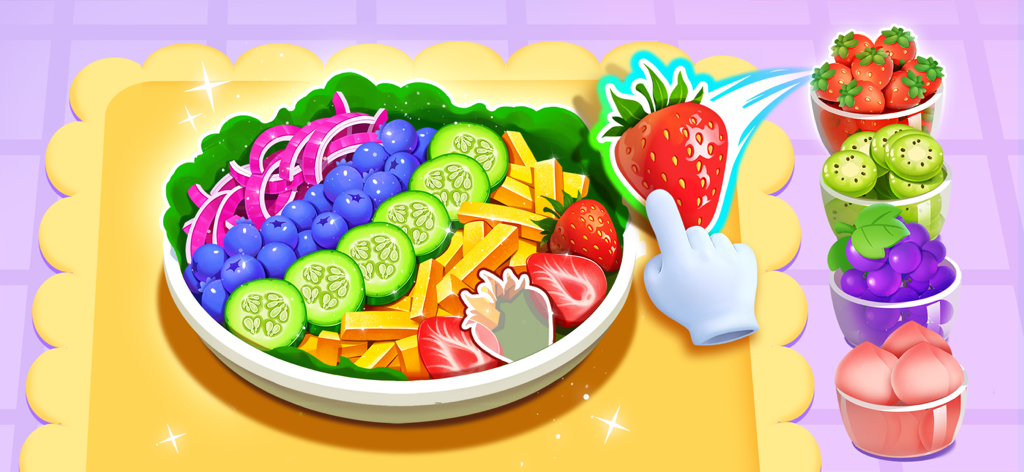 Little Panda's Restaurant - A colorful fruit and vegetable salad being prepared in a kids cooking game
