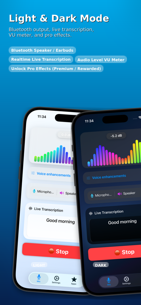 Virtual Mic + Live Audio Out - Virtual Mic app interface in light and dark modes showing live transcription and VU meter