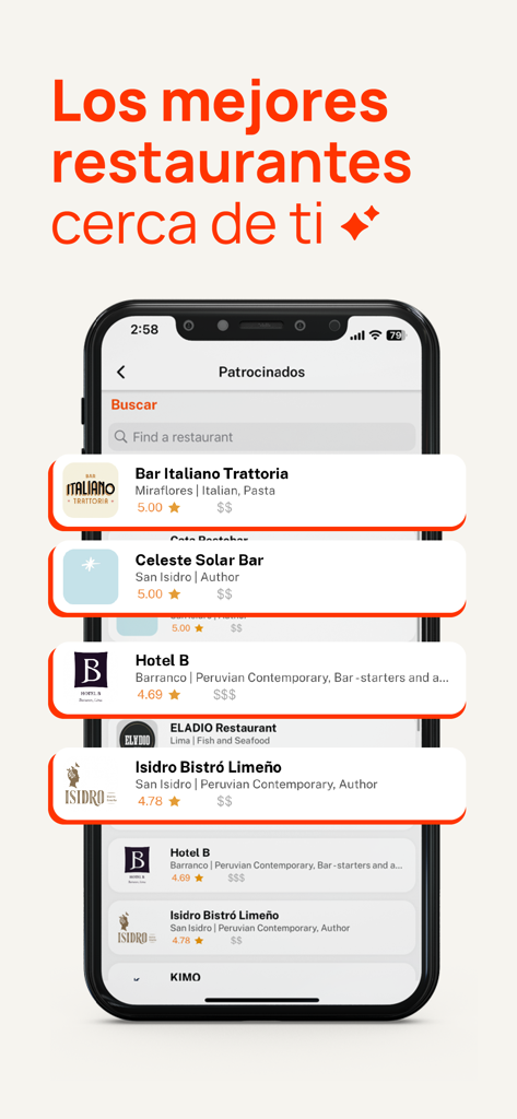 Pantalla de la aplicación móvil mostrando una lista curada de los mejores restaurantes en Perú y Chile con calificaciones de estrellas y categorías de cocina