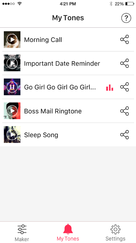 Ringtone Maker – create ringtones with your music - Una lista de tonos personalizados en la sección Mis Tonos de la aplicación Creador de Tonos