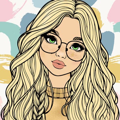 girl with long hair and freckles and glasses realistic