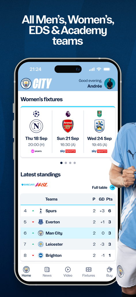 Manchester City Official App - Die offizielle Manchester City App zeigt die Spielpläne der Frauen und die Tabellen der WSL an