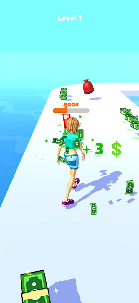 Un personaje recogiendo billetes en una pista de carreras en Run Rich 3D