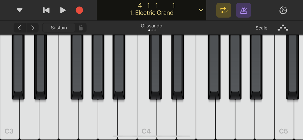 Logic Remote - Virtual piano keyboard interface in the Logic Remote app for playing the Electric Grand instrument.