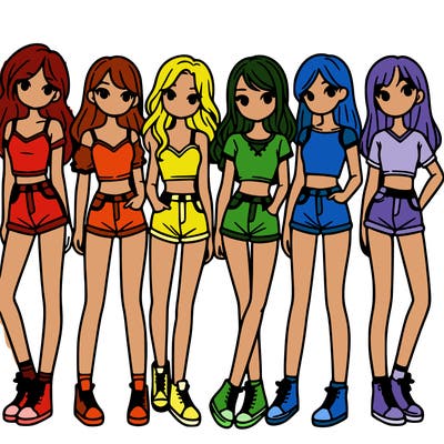 a group of girls wearing crop tops and shorts